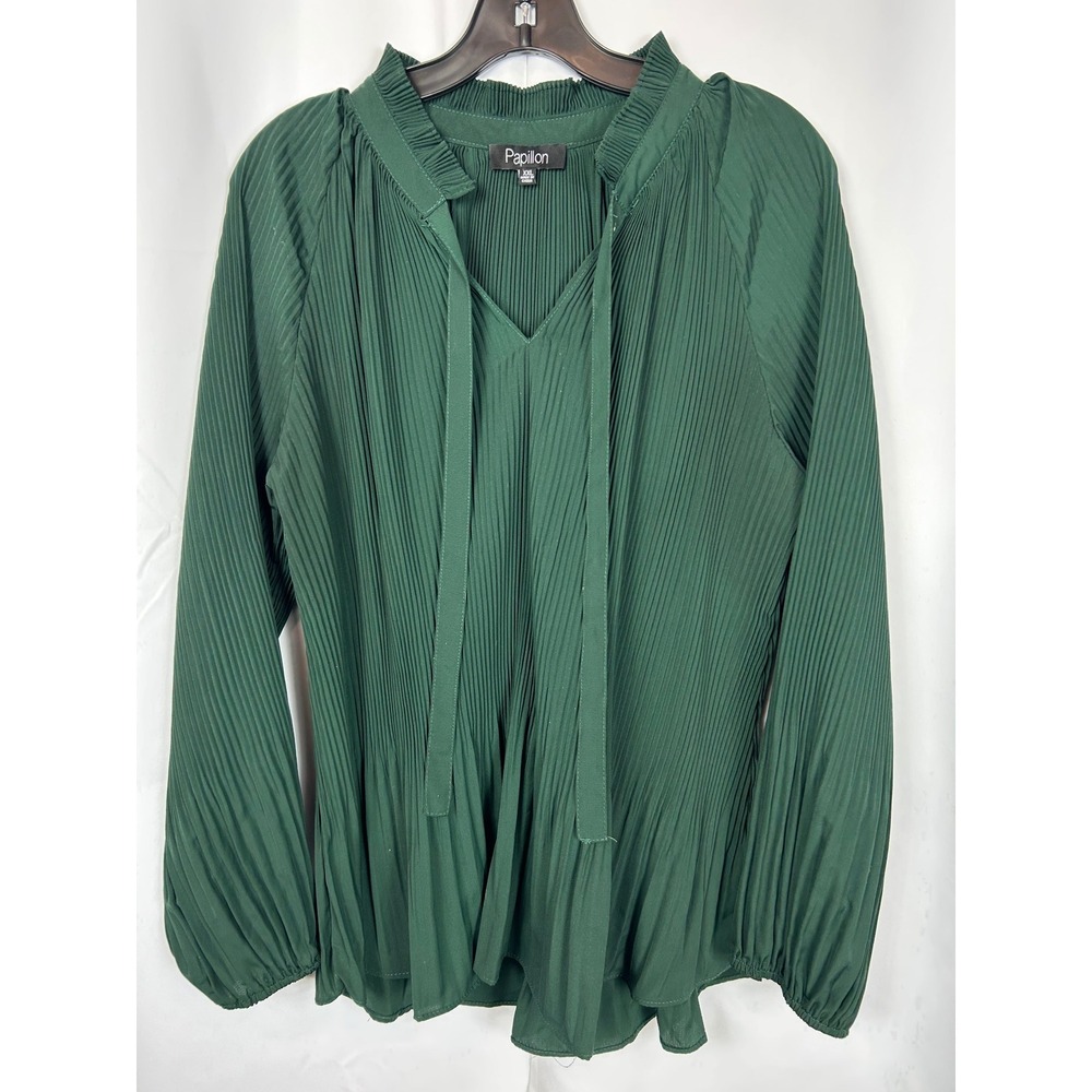 Papillon Dark Green Pleated Tie Neck Ruffle Blouse Long Sleeve XXL Office Wear
